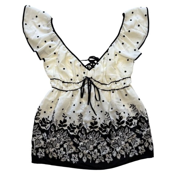 Anthropologie Tie Back Shirred Polka Dot Floral Blouse Fairy Black Ivory M Nwt - Picture 1 of 7